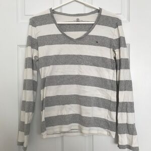 Tommy Hilfiger 100% Cotton Horizontal Stripe Long Sleeve Top M White Grey